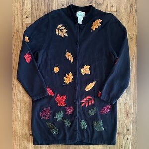 Quacker Factory Fall Foliage Button Front Black Long Cardigan Sweater, Size L